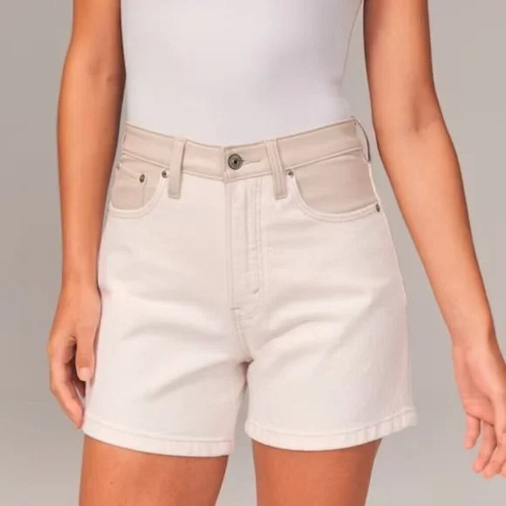 Abercrombie Women's Dad Short 25/0 Cream Mixed Denim Faux Leather Hi-Rise Curve